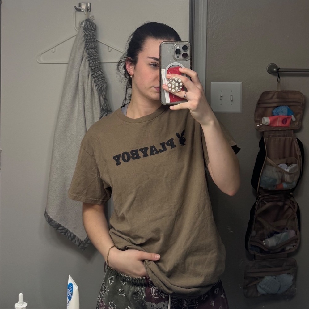 Playboy Graphic T-Shirt Mens Medium Brown Olive Short Sleeve Cotton Logo Tee